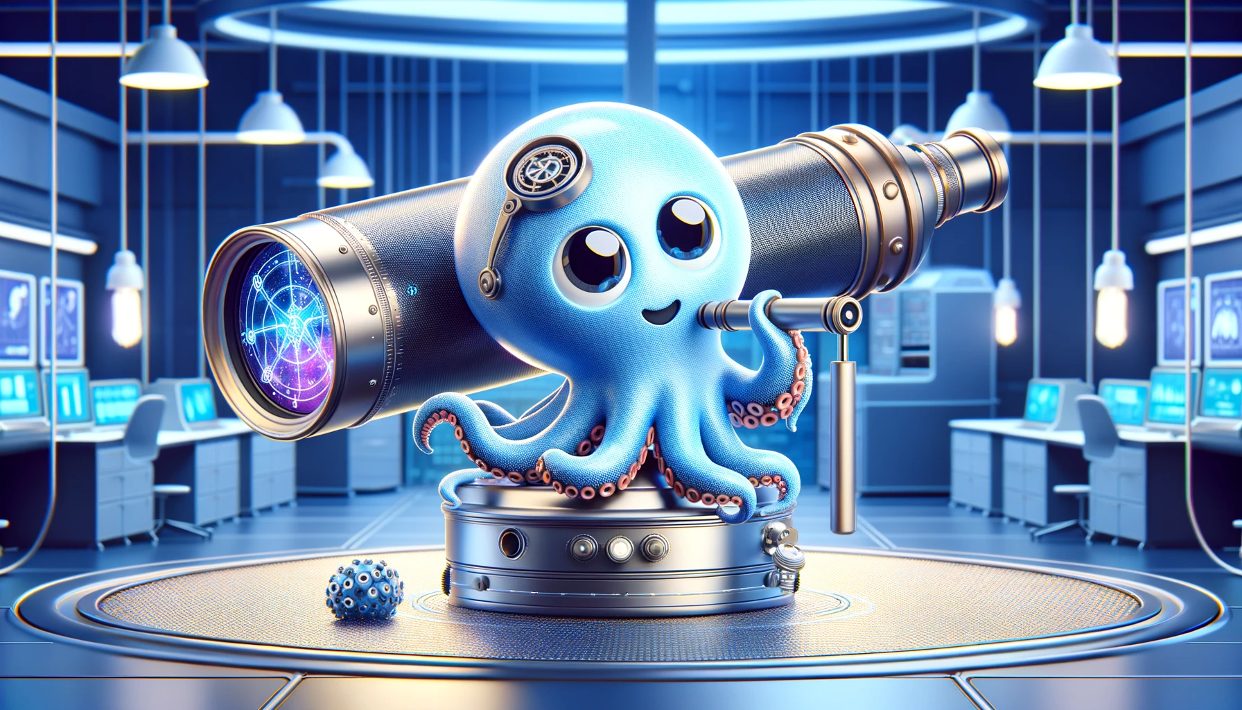 DALLE 2024-04-18 162919 - A wide image depicting a cute octopus character using a telescope representing the AI agent Octopus V3 capable of processing natural language imag - innovaTopia Nexa AI、マルチモーダル対応のエッジAIエージェント「Octopus V3」を発表 - innovaTopia - (イノベトピア)