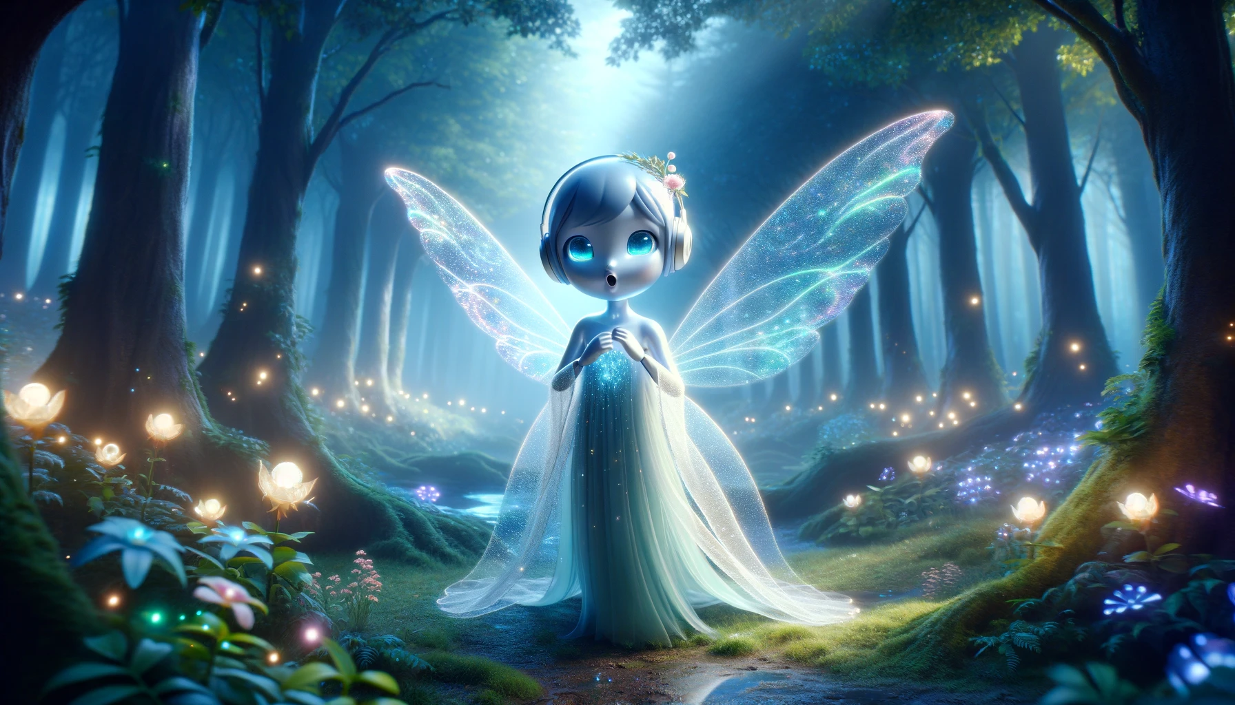 DALLE 2024-04-22 131542 - A whimsical fairy-like AI character singing in a mystical forest setting portrayed in a wide image format The AI fairy is delicate and ethereal wi - innovaTopia 音楽生成AI「Udio」リリースー元DeepMind研究者が開発ー - innovaTopia - (イノベトピア)
