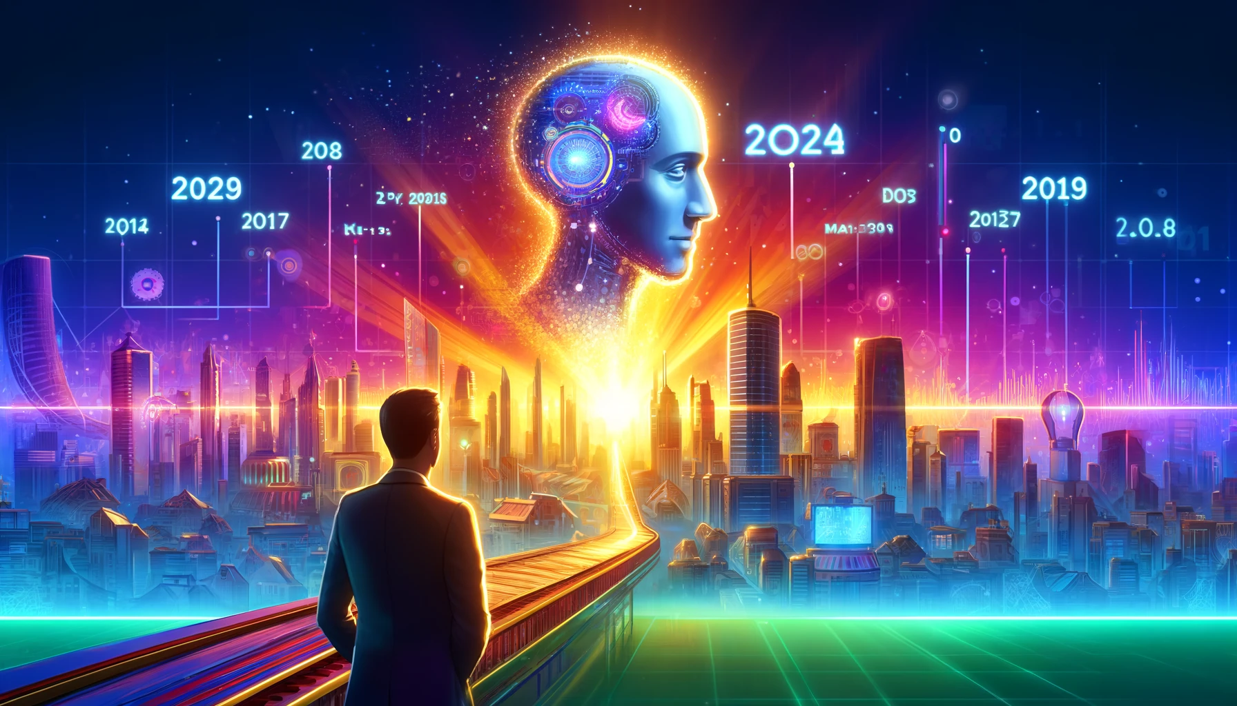 DALLE 2024-05-12 223433 - A digital illustration depicting the evolution of ChatGPT on a timeline with key milestones marked by glowing points The background features a gener - innovaTopia 5/13 ChatGPTとGPT-4に関する新しいアップデートを発表?:今だからこそChatGPTを振り返る - innovaTopia - (イノベトピア)