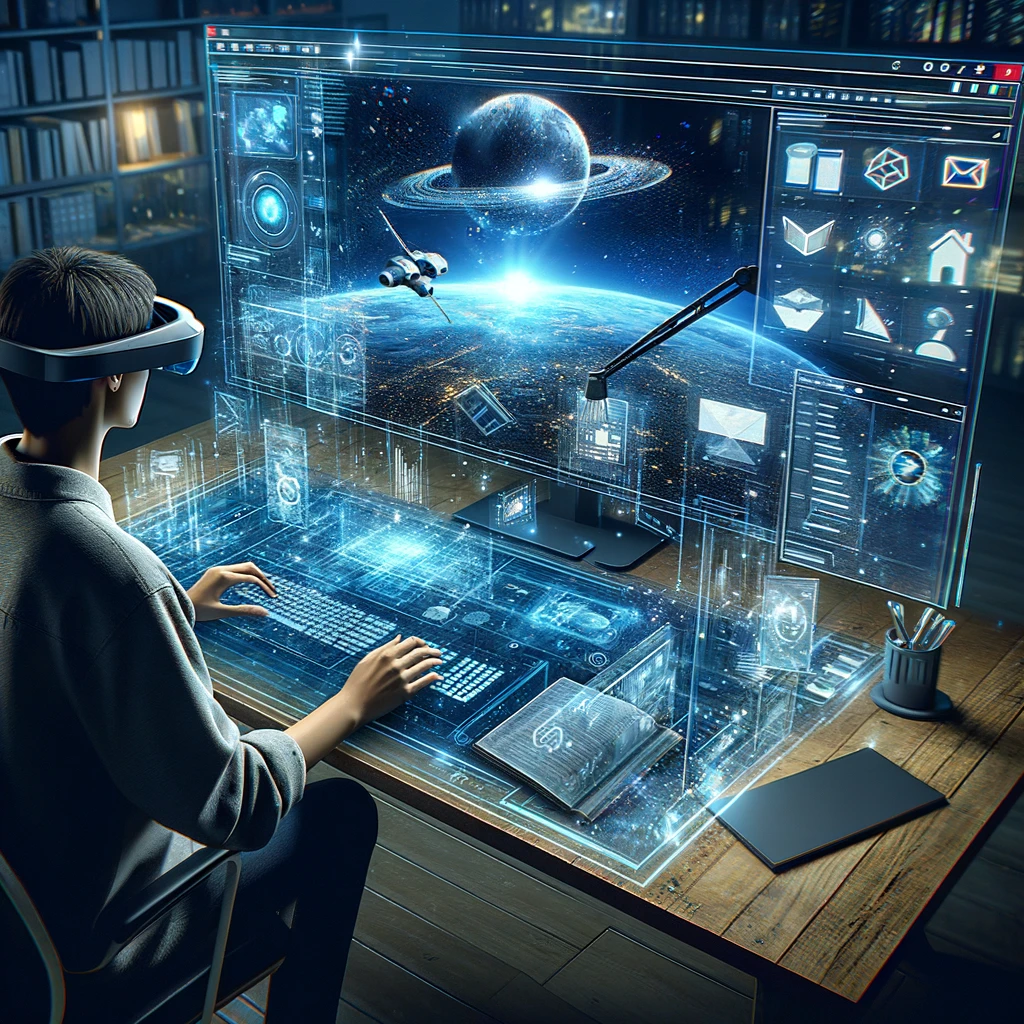 DALLE 2024-06-01 201036 - An image for an article about Sightful unveiling the Spacetop G1 an AR workstation that provides a 100-inch workspace The image should feature a per - innovaTopia - innovaTopia - (イノベトピア)