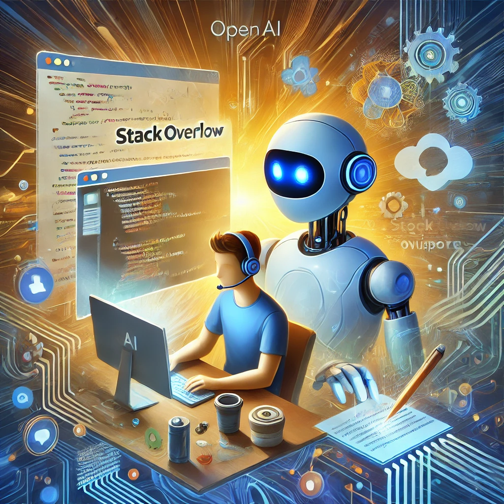DALLE 2024-10-08 082359 - An illustration symbolizing the partnership between OpenAI and Stack Overflow to enhance programming support Show a collaboration scene with AI tools - innovaTopia OpenAIとStack Overflowが手を組み、プログラミング支援を強化! - innovaTopia - (イノベトピア)