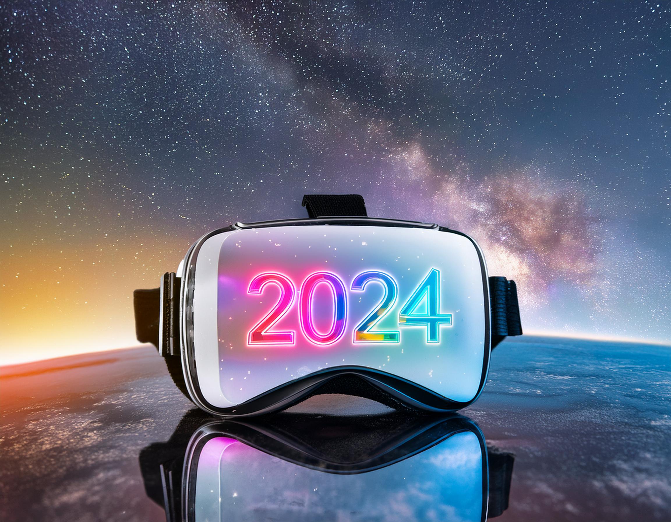 image of a futuristic 3D headset, designed as you described. It features a subtle apple-like logo, illuminated by rainbow-colored lights, set against a starry space background to represent the future of technology and innovation. The color scheme focuses on bright blues and purples, with accents of white and yellow. Please have a look at the image to see if it meets your expectations. - innovaTopia - （イノベトピア）