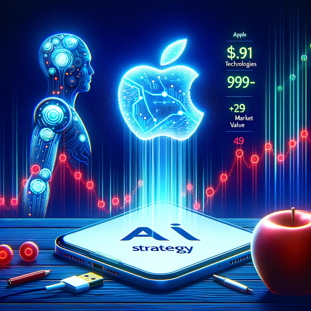 DALLE 2024-06-13 052543 - An illustration of Apple announcing its AI strategy leading to the highest market value in the world with new technologies boosting the stock price - innovaTopia AppleのAI戦略発表で世界最高市場価値に!新技術が株価を押し上げ - innovaTopia - (イノベトピア)