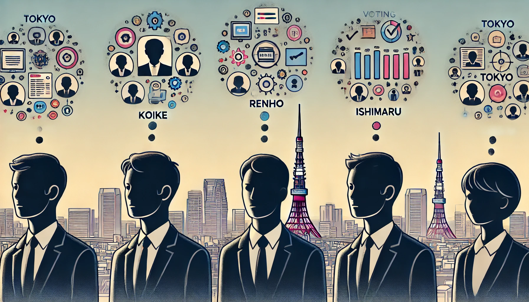 DALLE 2024-07-03 073606 - A digital illustration showing three silhouettes representing the Tokyo gubernatorial candidates Koike Renho and Ishimaru with AI-generated though - innovaTopia 【2回目】AIに都知事選を予想してもらった│5つのLLMで比較したら、分かりやすい結果に - innovaTopia - (イノベトピア)