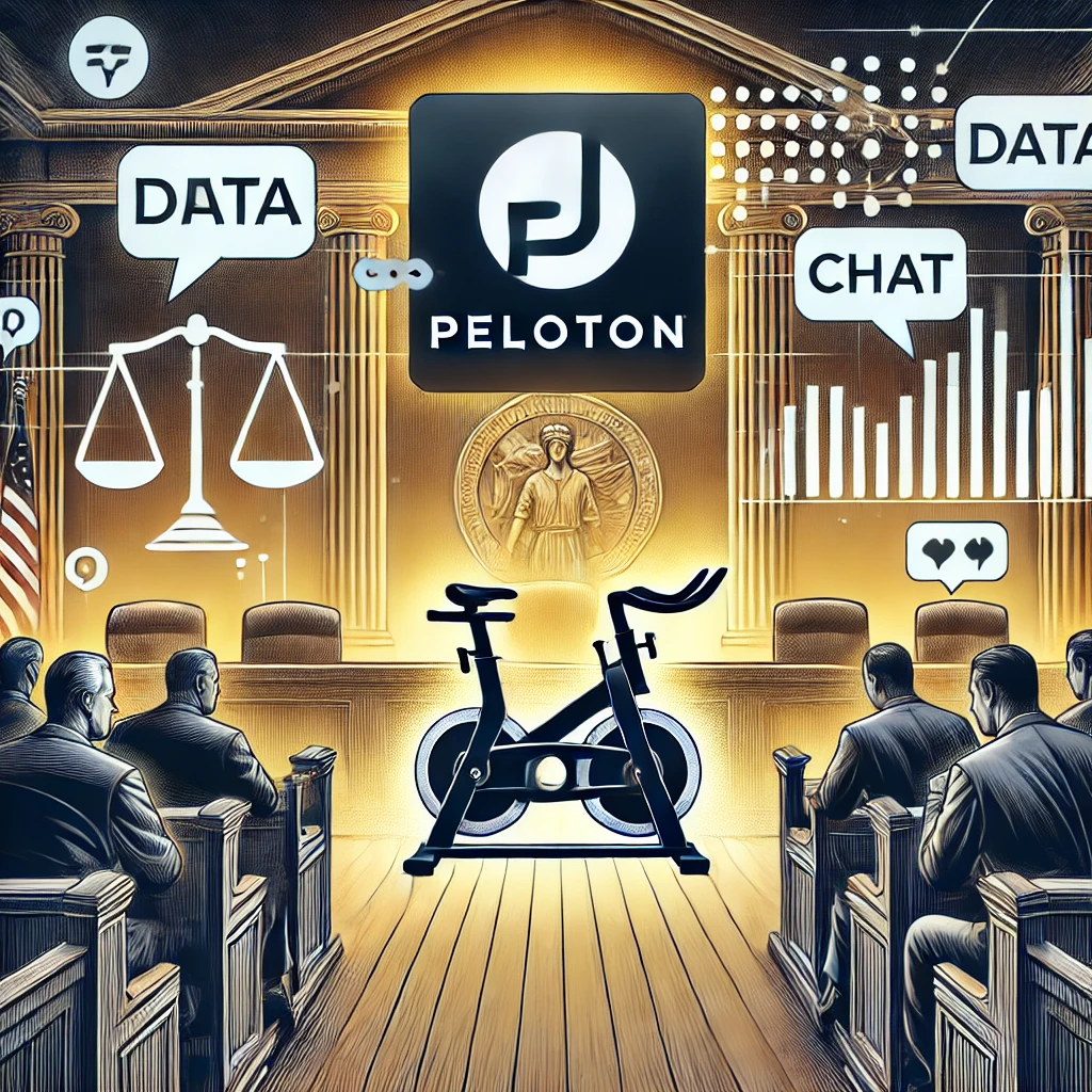 DALLE 2024-07-11 050830 - A dramatic illustration showing Peloton in a legal scenario featuring a court setting with a Peloton logo prominently displayed The image depicts a - innovaTopia Peloton、顧客チャットデータ使用でカリフォルニア州に訴えられる - innovaTopia - (イノベトピア)