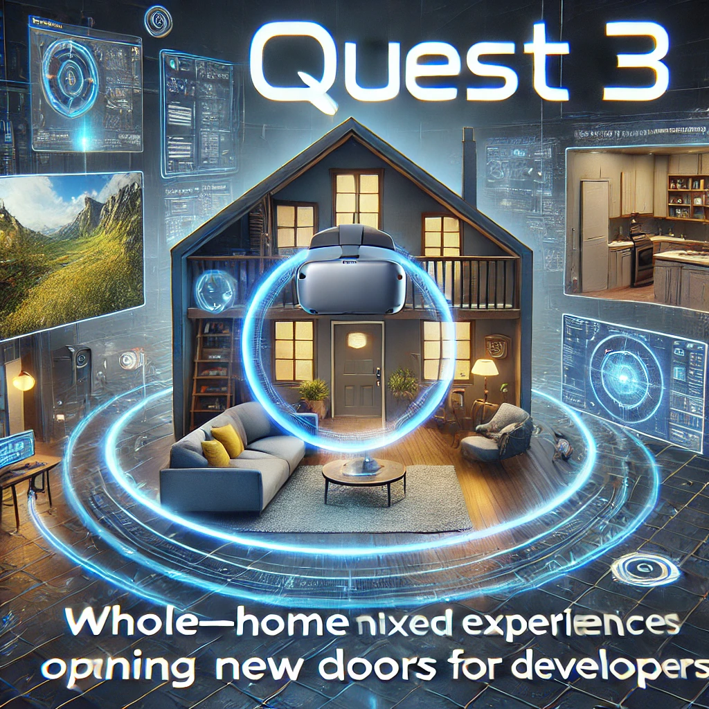 DALLE 2024-07-18 221813 - Quest 3 enables whole-home mixed reality experiences opening new doors for developers The image should depict a futuristic home setting with mixed r - innovaTopia Quest 3が家全体での混合現実体験を可能に、開発者への新たな扉が開く - innovaTopia - (イノベトピア)