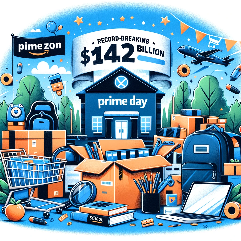 DALLE 2024-07-19 043727 - An illustration showing Amazon Prime Day achieving a record-breaking 2 billion with popular consumer electronics and school supplies in the foreg - innovaTopia Amazonプライムデー、記録的142億ドル達成!消費者電子と学校用品が人気 - innovaTopia - (イノベトピア)