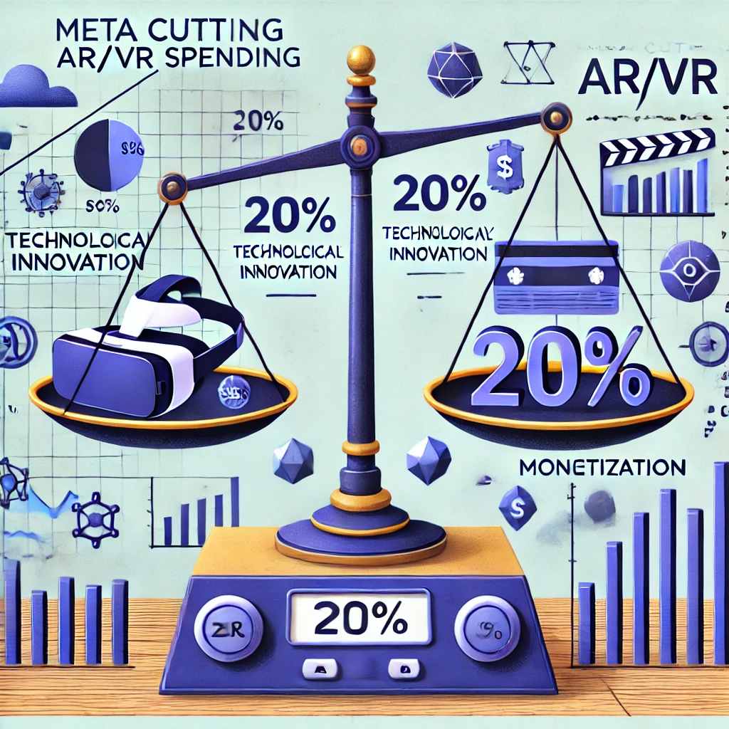 DALLE 2024-07-19 043754 - An illustration of Meta cutting AR_VR spending by 20 balancing technological innovation and monetization The scene includes AR_VR devices financia - innovaTopia Meta、AR/VR支出20%削減へ - 技術革新と収益化のバランス模索 - innovaTopia - (イノベトピア)