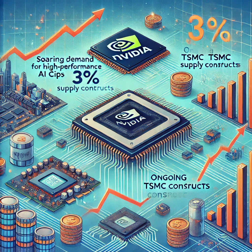 DALLE 2024-07-19 055021 - An illustration showing the soaring demand for high-performance AI chips with Nvidias stock rising by 3 and ongoing TSMC supply constraints The sc - innovaTopia 高性能AIチップ需要高騰、Nvidia株価3%上昇 - TSMC供給制約続く - innovaTopia - (イノベトピア)
