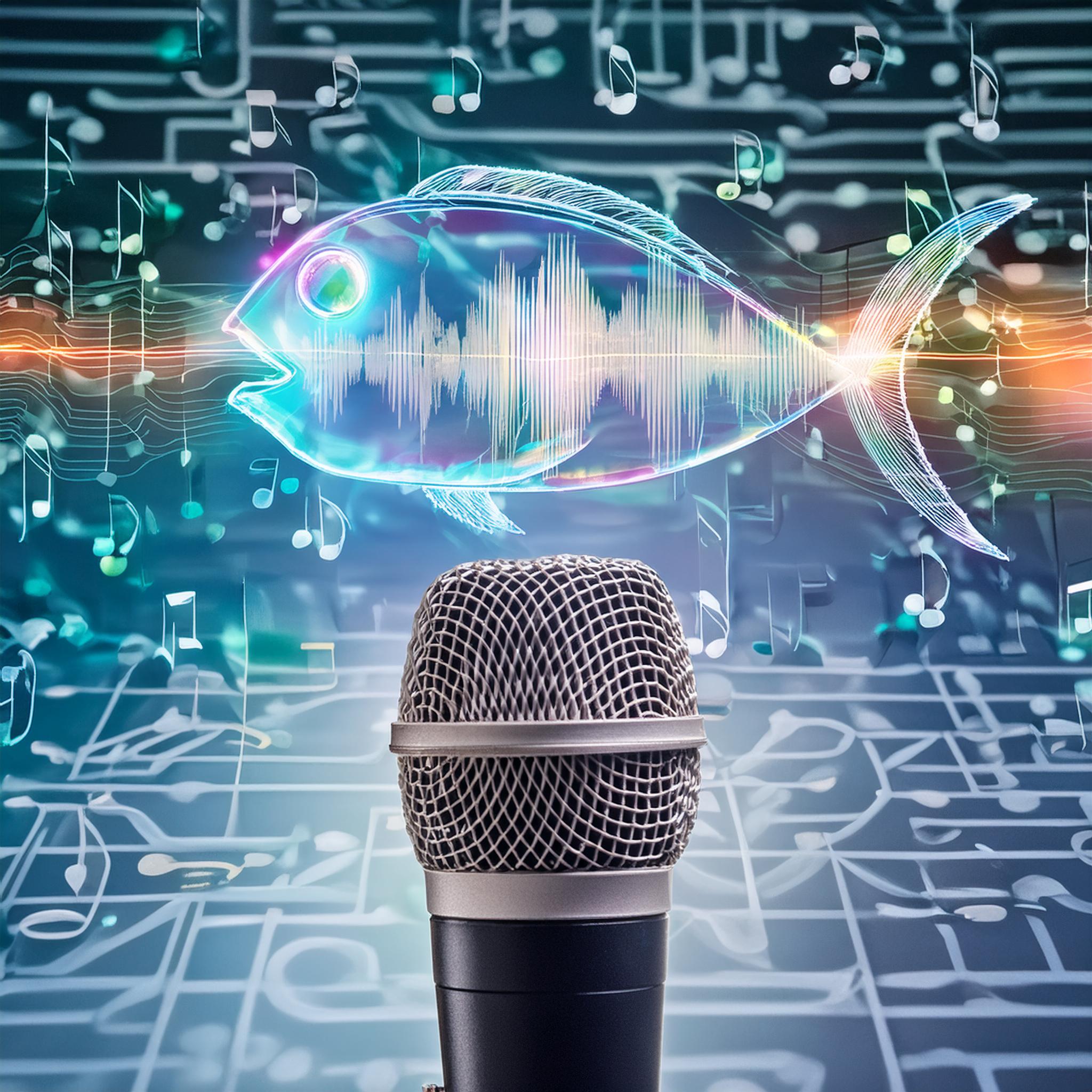"A futuristic illustration of a fish-shaped microphone emitting colorful sound waves, representing various emotions and languages. The background shows a blend of digital circuits and musical notes, symbolizing the AI-powered voice synthesis technology of Fish Speech." - innovaTopia - （イノベトピア）