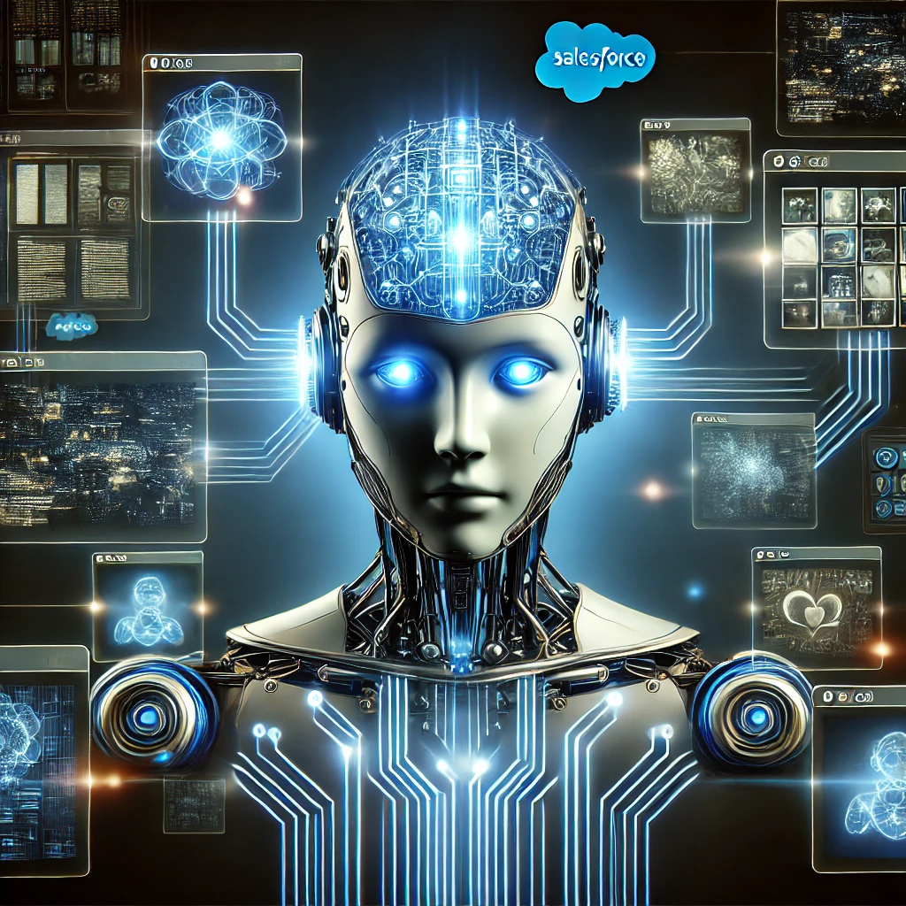 DALLE 2024-08-20 073818 - A futuristic illustration showing a robot or AI entity with glowing circuits and data streams connecting its brain to various floating screens display - innovaTopia セールスフォース、xGen-MM公開:マルチモーダルAIの新時代到来か - innovaTopia - (イノベトピア)