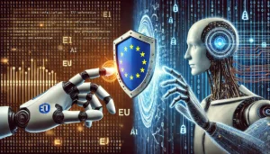 "A futuristic illustration showing a split screen: on one side, a robotic hand reaching for data symbols representing EU user information, blocked by a shield with the EU flag. On the other side, the same robotic hand successfully grasping data symbols without the EU flag. The background should have binary code and AI network patterns. The overall image should convey the concept of AI development adapting to data protection regulations." - innovaTopia - （イノベトピア）