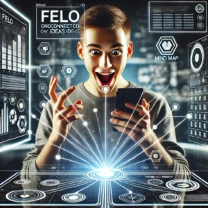A person using Felo on a futuristic user interface. In the background, information is organized in a mind map. Expressing surprise and excitement, with a stylish and high-tech atmosphere. - innovaTopia - （イノベトピア）