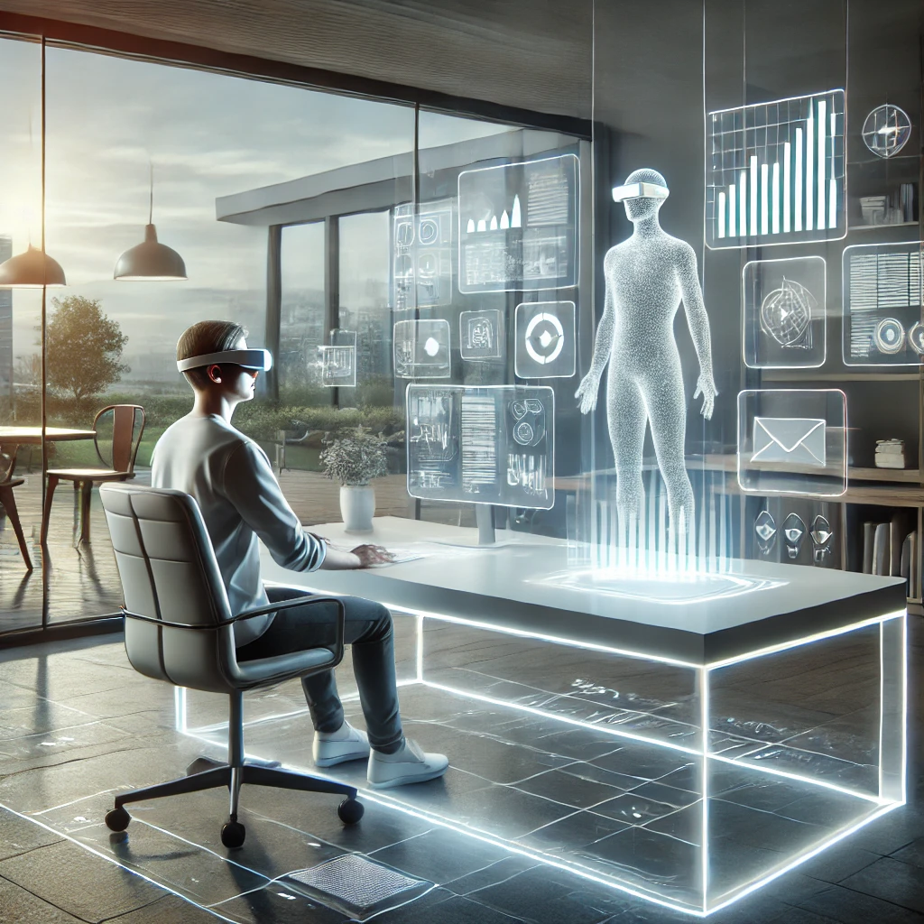 DALLE 2024-10-09 074511 - A highly realistic futuristic illustration of a person wearing advanced AR glasses at a minimalist desk with no physical monitors Floating holograph - innovaTopia Sightful、Spacetop ARラップトップを中止しWindows向けソフトウェアに転換 - AR空間コンピューティングの新時代へ - innovaTopia - (イノベトピア)