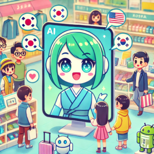 "Create a cute anime-style illustration of an AI sales assistant in a Japanese retail store. The AI should be represented as a friendly, holographic character displayed on a tablet. Show diverse customers, including foreign tourists, interacting with the AI. Include speech bubbles in multiple languages. The scene should be colorful and inviting, with products visible in the background. Output as a jpg image." - innovaTopia - （イノベトピア）