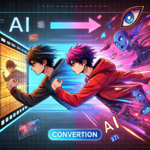 Create a split-screen image showing a dramatic transformation: on the left side, a realistic video frame of a person in motion, and on the right side, the same scene converted into vibrant anime style. Include visual elements like conversion arrows and AI-related symbols. Use bright, eye-catching colors and clean, modern design. Style: digital art, professional marketing thumbnail. - innovaTopia - （イノベトピア）