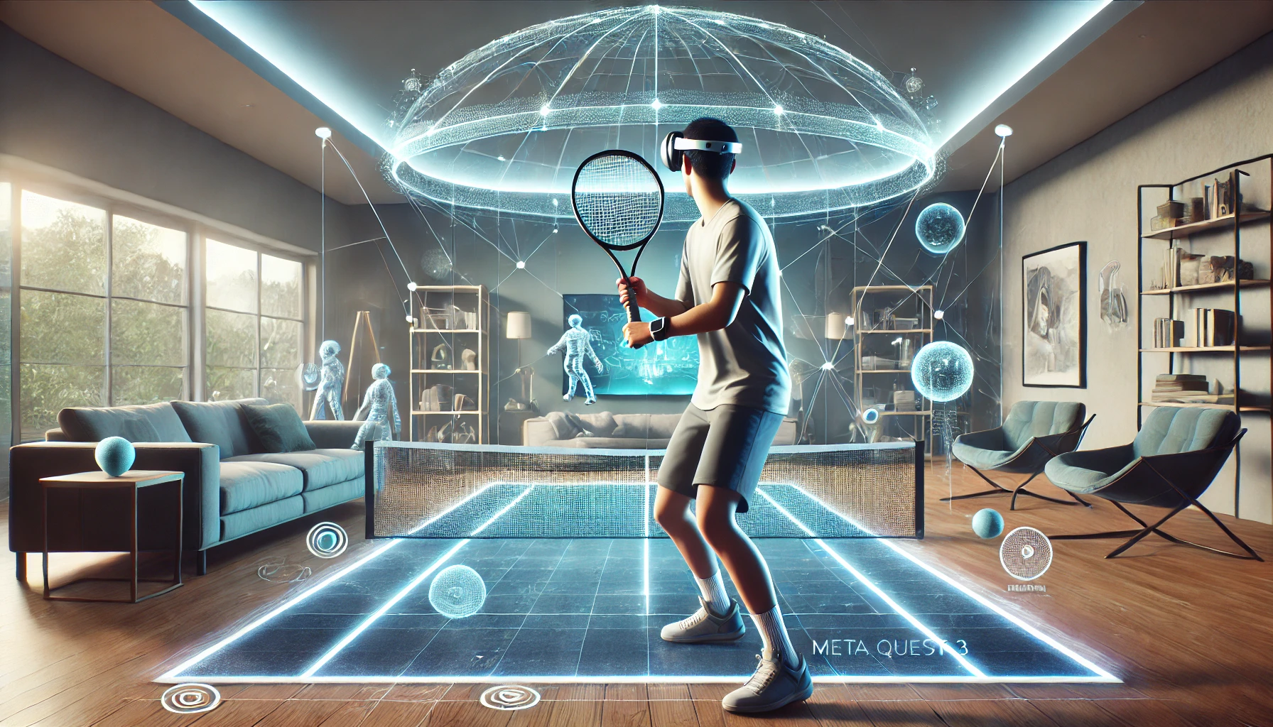 DALLE 2024-11-27 112237 - A person wearing Meta Quest 3 playing tennis in a modern living room The room blends real and holographic sports equipment and game elements seamless - innovaTopia - innovaTopia - (イノベトピア)