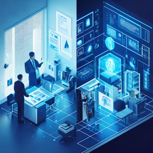 "A split-screen digital illustration: on one side, a modern office with AI agents represented by glowing blue humanoid figures assisting workers; on the other side, a voting booth with a person contemplating while an AI chatbot interface hovers nearby. Style: clean, minimalist, tech-focused, using cool blues and whites. Perspective: isometric view." - innovaTopia - （イノベトピア）