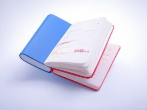 A modern, minimalist illustration of a digital notebook floating in space, transforming into audio waves and podcast icons. The scene should include subtle Google brand colors (blue, red, yellow, green) and AI visualization elements. Clean, professional style with white background, perfect for tech article thumbnail. - innovaTopia - （イノベトピア）