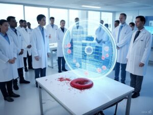 未来的な医療研究所の中心にDNA配列と免疫細胞受容体を表示するAIホログラムがあります。前景には1滴の血液が複数の疾患アイコン（COVID-19、HIV、自己免疫疾患を表す）に変化している様子が描かれています。背景では医師たちが免疫システムデータの3D投影を分析しています。 - innovaTopia - （イノベトピア）