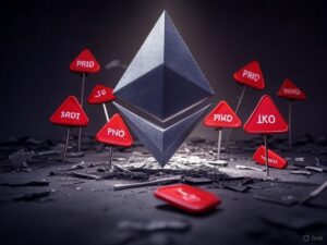 An illustration with a dark background, featuring the Ethereum logo surrounded by warning signs and broken keys. The warning signs should be red, and the keys should appear broken. - innovaTopia - （イノベトピア）