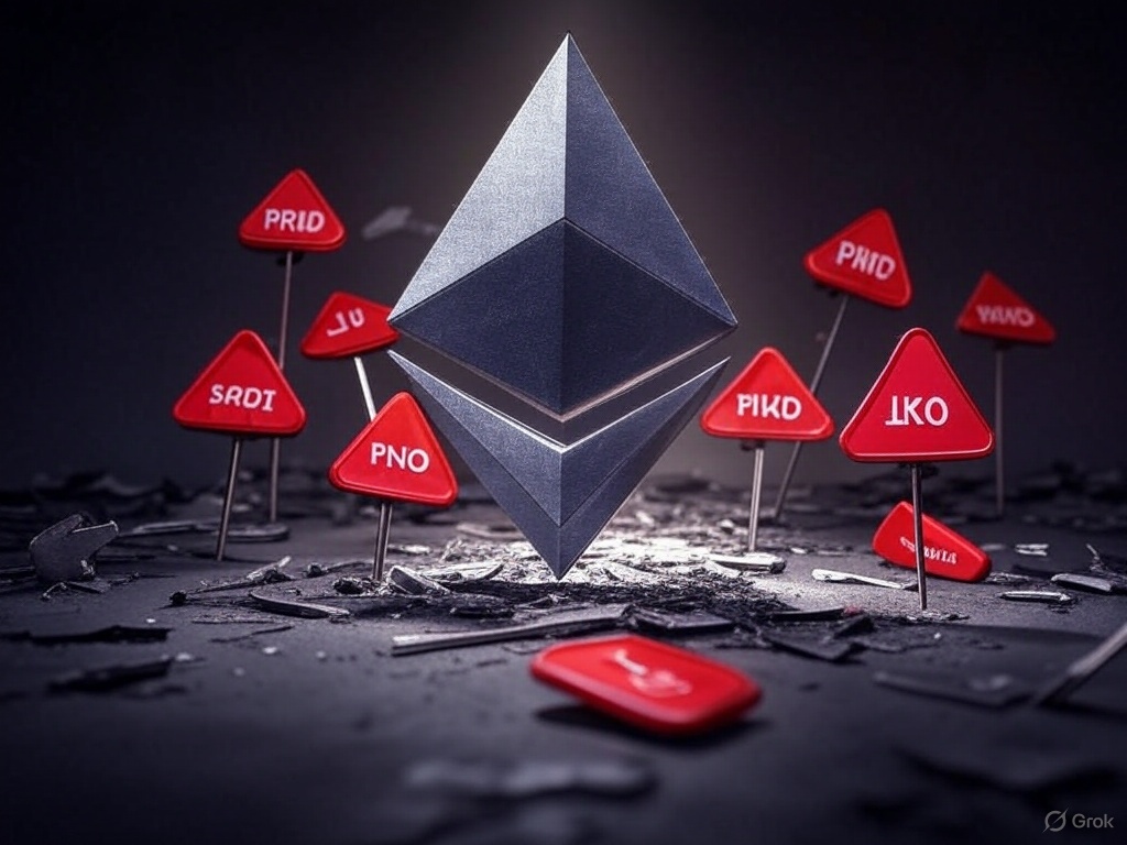 An illustration with a dark background, featuring the Ethereum logo surrounded by warning signs and broken keys. The warning signs should be red, and the keys should appear broken. - innovaTopia - （イノベトピア）