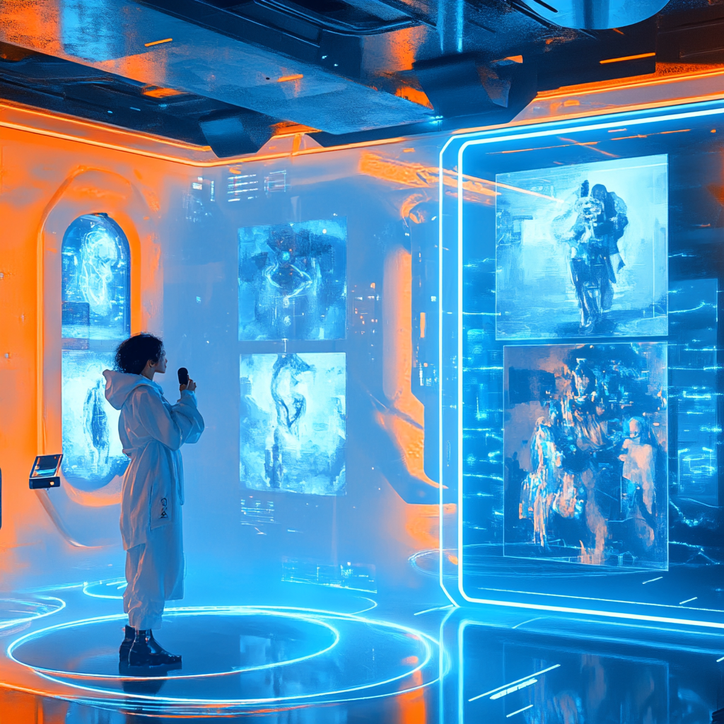 A futuristic creative studio with a person speaking into a microphone, generating multiple AI images in real-time on floating holographic displays. The images show various artistic styles appearing at different stages of completion. Clean, vibrant, tech aesthetic with blue and orange lighting. Highly detailed, digital art. - innovaTopia - （イノベトピア）