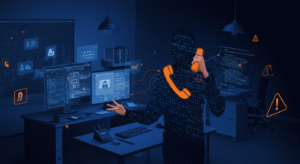 Create a cybersecurity-themed illustration showing a professional office environment with a person at a desk receiving a phone call. The caller should be depicted as a shadowy figure with digital elements (binary code, network connections) surrounding them. Include visual elements representing legitimate remote access tools being misused - show computer screens with remote desktop interfaces, and subtle warning symbols. The color scheme should be dark blues and oranges to convey both technology and danger. Style should be modern, clean, and professional - suitable for a tech news article about social engineering attacks. - innovaTopia - （イノベトピア）