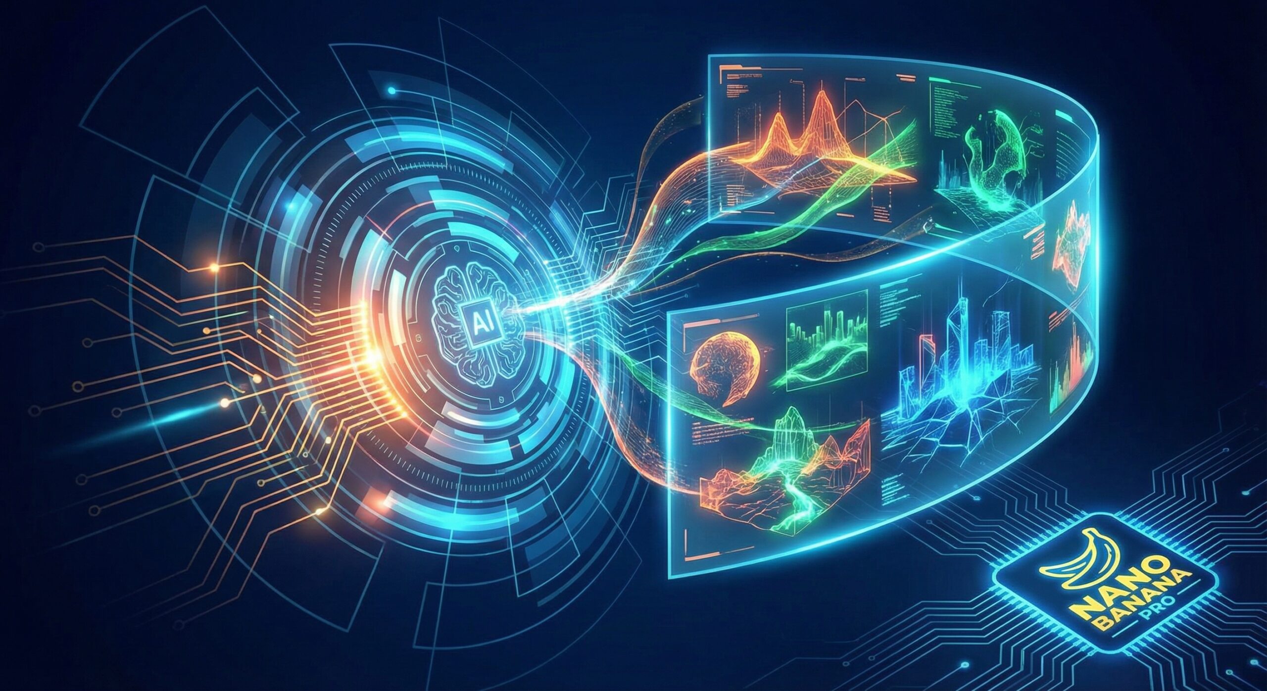 An abstract, futuristic illustration of artificial intelligence generating vivid images on a digital canvas, with glowing lines, geometric shapes, and the Nano Banana Pro logo in the corner.