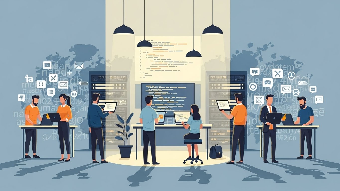 A symbolic illustration of the global IT industry, depicted as a brightly lit server room or code workspace at the center, optimized for a single language and culture, while diverse users and developers from different regions stand slightly outside the light. The “outside” figures are not shown as victims, but as capable professionals working with complex scripts, multilingual text (avoid concrete text, rendering symbolized tofus), and varied symbols, partially in shadow. The atmosphere is calm, reflective, and professional, emphasizing structural exclusion rather than conflict. Clean, modern digital illustration style, neutral color palette with soft contrasts, no national flags, no political symbols, no dramatic gestures. Focus on abstraction, technology, and global diversity rather than specific identities. flat illustration, editorial tech magazine style.