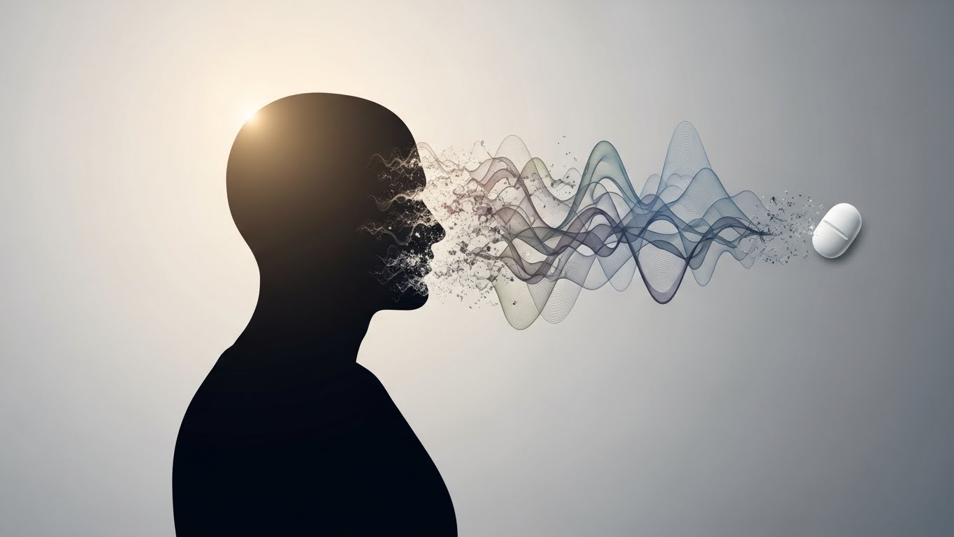 A minimalist editorial illustration showing a human silhouette with a soft glow around the head fading into shadows, a single pill dissolving into abstract shapes that resemble both pain waves and muted emotions, subdued colors, calm but unsettling mood, clean background, no text, no logos, modern science journalism style