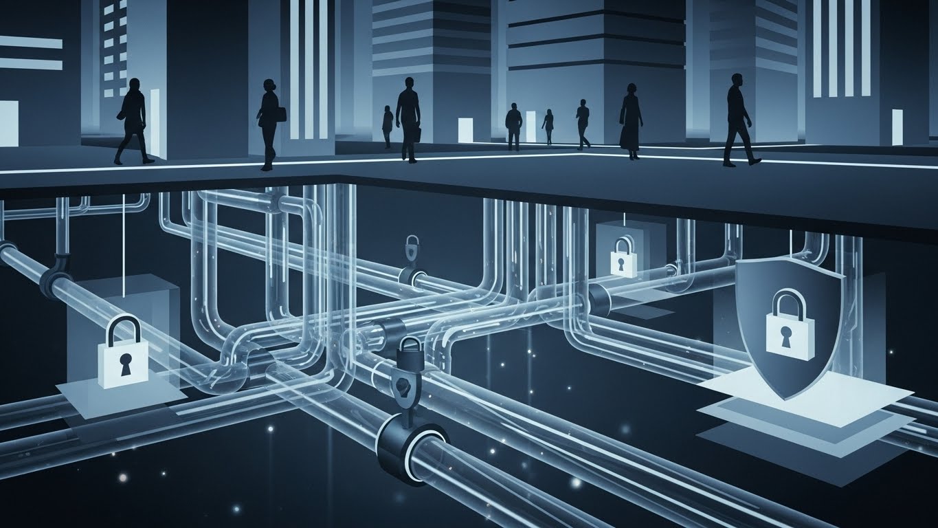 An abstract, editorial illustration showing a modern digital city at night, where streams of data flow like transparent glass pipelines beneath the streets and buildings. Most pipelines are exposed and glowing, while a few are shielded by strong cryptographic locks and opaque layers. Human silhouettes walk above, unaware, representing citizens living on top of invisible privacy infrastructure. Clean, minimalist style, muted blues and grays, subtle light effects, high-resolution magazine illustration.