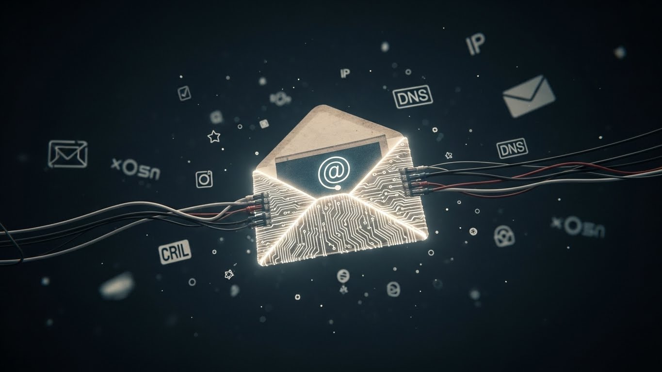 A conceptual illustration representing the history and decline of email as an open communication system. An old, glowing envelope made of network cables and circuit traces floats in a dark, abstract cyberspace. Around it, fragmented symbols of protocols, IP addresses, and DNS records fade into the background like constellations. The atmosphere is quiet and reflective, suggesting trust, openness, and gradual centralization. Subtle contrasts between early internet idealism and modern control structures. Minimalist, serious, editorial style, muted colors, high detail, no logos, no text, no people.